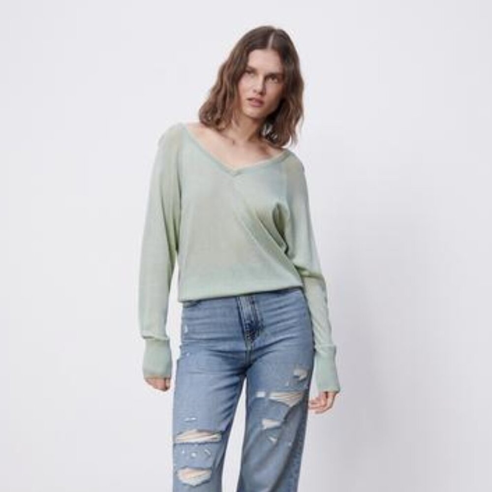Zara Combination Knit Lace Trim V-Neck Sweater S - Picture 1 of 7